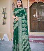 Dark Green Color Cotton Fabric Classic Saree For Reception