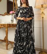Elagent black georgette floral printed hot fix worked maxi dress