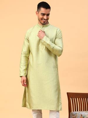 green jacquard full sleeve regular fit kurta 1