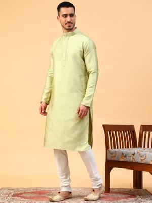 green jacquard full sleeve regular fit kurta 2