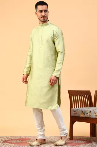 green jacquard full sleeve regular fit kurta