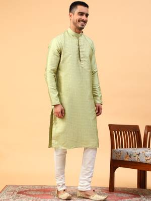 green jacquard full sleeve regular fit kurta 3