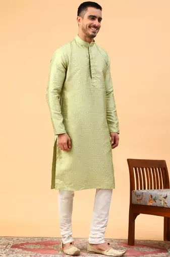 green jacquard full sleeve regular fit kurta