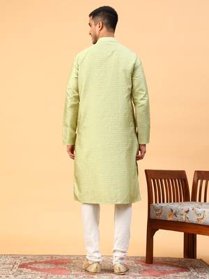 green jacquard full sleeve regular fit kurta 4
