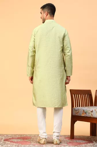 green jacquard full sleeve regular fit kurta