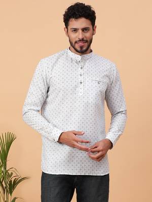 Tabard White Cotton Full Sleeve Regular Fit Short Kurta 1