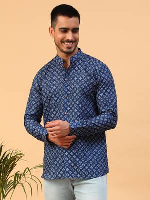 Tabard Blue Cotton Full Sleeve Regular Fit Short Kurta 1