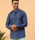 Tabard Blue Cotton Full Sleeve Regular Fit Short Kurta