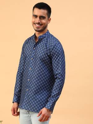 Tabard Blue Cotton Full Sleeve Regular Fit Short Kurta 2