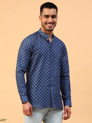 Tabard Blue Cotton Full Sleeve Regular Fit Short Kurta 3