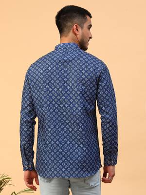 Tabard Blue Cotton Full Sleeve Regular Fit Short Kurta 4