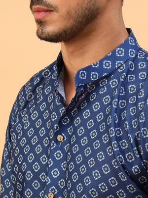 Tabard Blue Cotton Full Sleeve Regular Fit Short Kurta 5