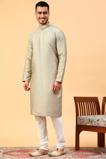 Tabard Grey Jacquard Full Sleeve Regular Fit Kurta