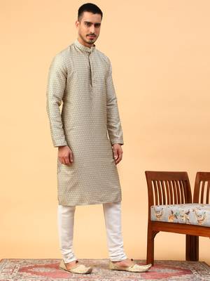 Tabard Grey Jacquard Full Sleeve Regular Fit Kurta 3