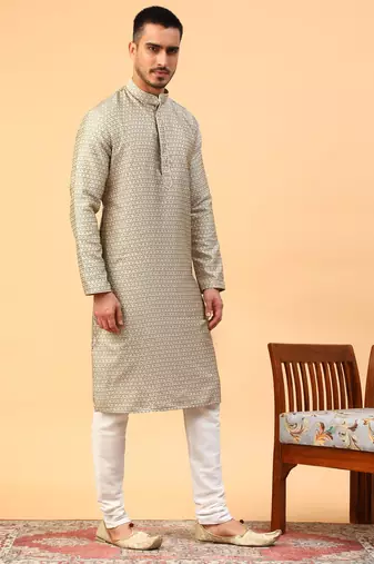 Tabard Grey Jacquard Full Sleeve Regular Fit Kurta