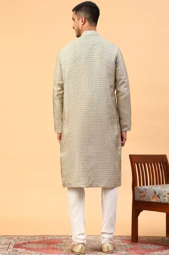 Tabard Grey Jacquard Full Sleeve Regular Fit Kurta