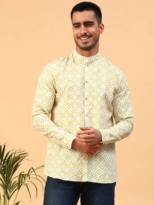 Tabard Yellow Cotton Full Sleeve Regular Fit Short Kurta 1