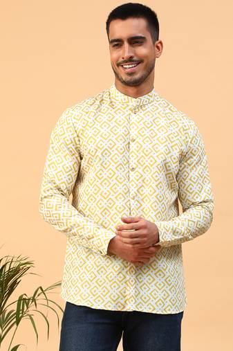 Tabard Yellow Cotton Full Sleeve Regular Fit Short Kurta