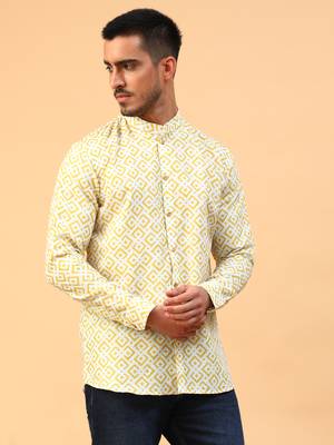 Tabard Yellow Cotton Full Sleeve Regular Fit Short Kurta 3