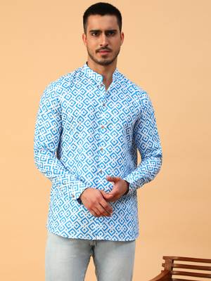 Tabard Blue Cotton Full Sleeve Regular Fit Short Kurta 1