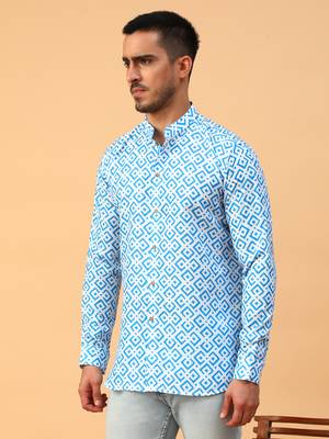 Tabard Blue Cotton Full Sleeve Regular Fit Short Kurta 2
