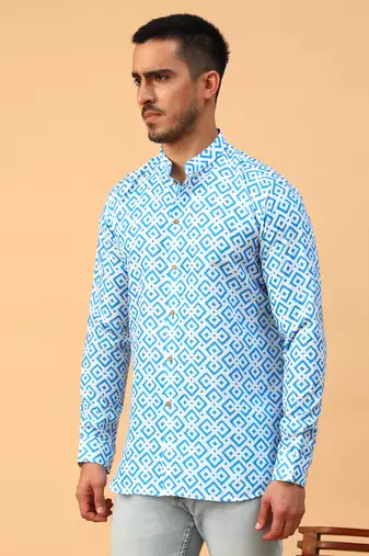 Tabard Blue Cotton Full Sleeve Regular Fit Short Kurta