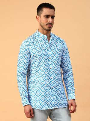 Tabard Blue Cotton Full Sleeve Regular Fit Short Kurta 3