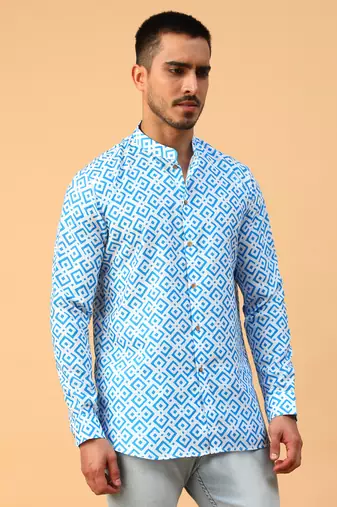 Tabard Blue Cotton Full Sleeve Regular Fit Short Kurta