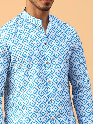 Tabard Blue Cotton Full Sleeve Regular Fit Short Kurta 5