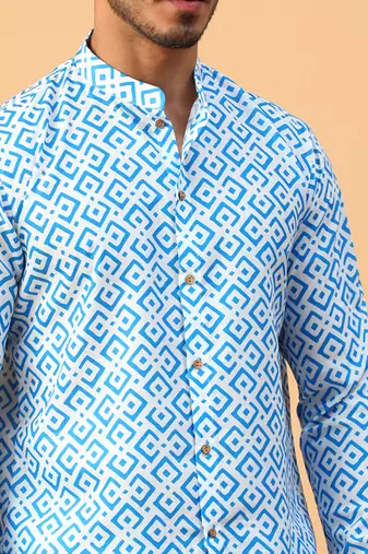 Tabard Blue Cotton Full Sleeve Regular Fit Short Kurta