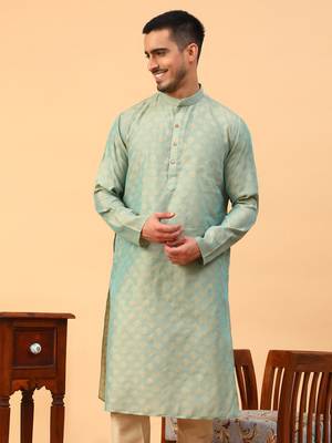 Tabard Green Cotton Full Sleeve Regular Fit Kurta 1