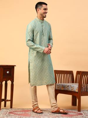 Tabard Green Cotton Full Sleeve Regular Fit Kurta 3