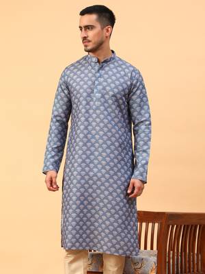 Tabard Blue Cotton Full Sleeve Regular Fit Kurta 1