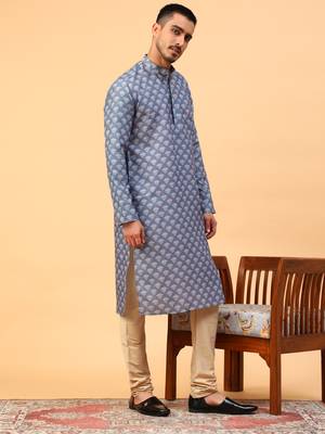 Tabard Blue Cotton Full Sleeve Regular Fit Kurta 3