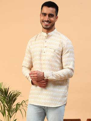 yellow printed cotton full sleeve regular fit short kurta 1
