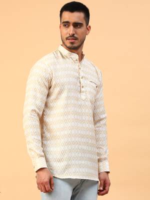 yellow printed cotton full sleeve regular fit short kurta 2
