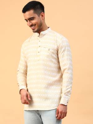 yellow printed cotton full sleeve regular fit short kurta 3