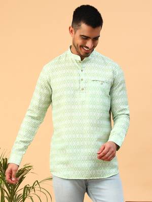 Tabard Green Cotton Full Sleeve Regular Fit Short Kurta 1