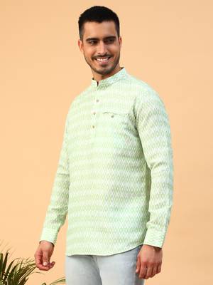 Tabard Green Cotton Full Sleeve Regular Fit Short Kurta 2