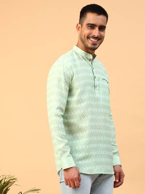 Tabard Green Cotton Full Sleeve Regular Fit Short Kurta 3