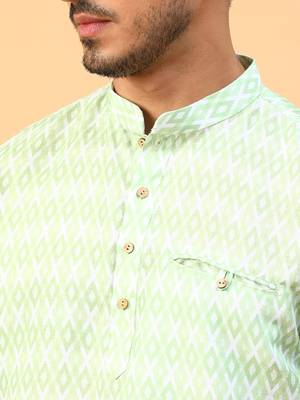 Tabard Green Cotton Full Sleeve Regular Fit Short Kurta 5