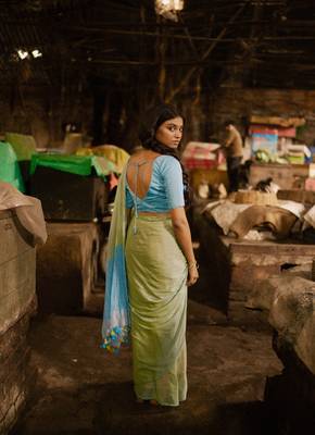 Pastel Green and Blue Mul Modal Saree with Running Blouse Piece 2