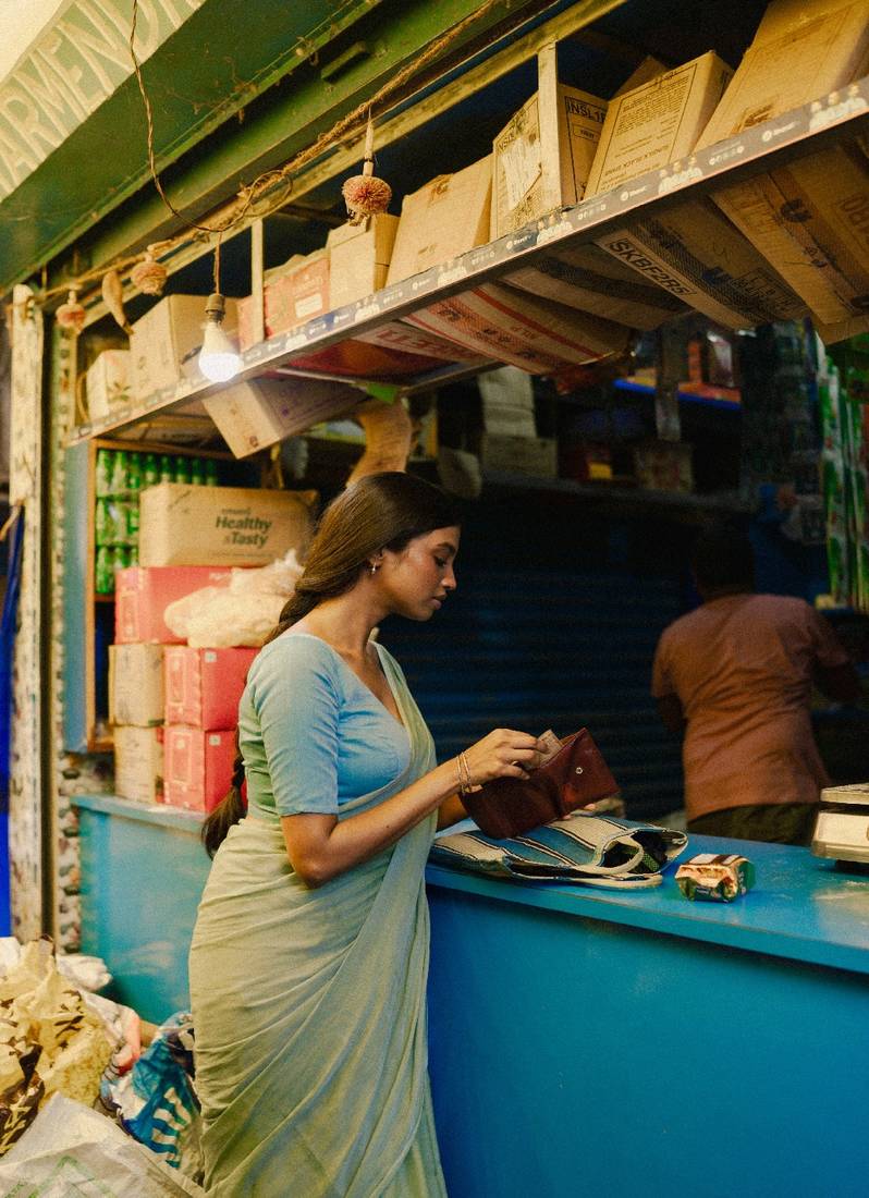 Pastel Green and Blue Mul Modal Saree with Running Blouse Piece