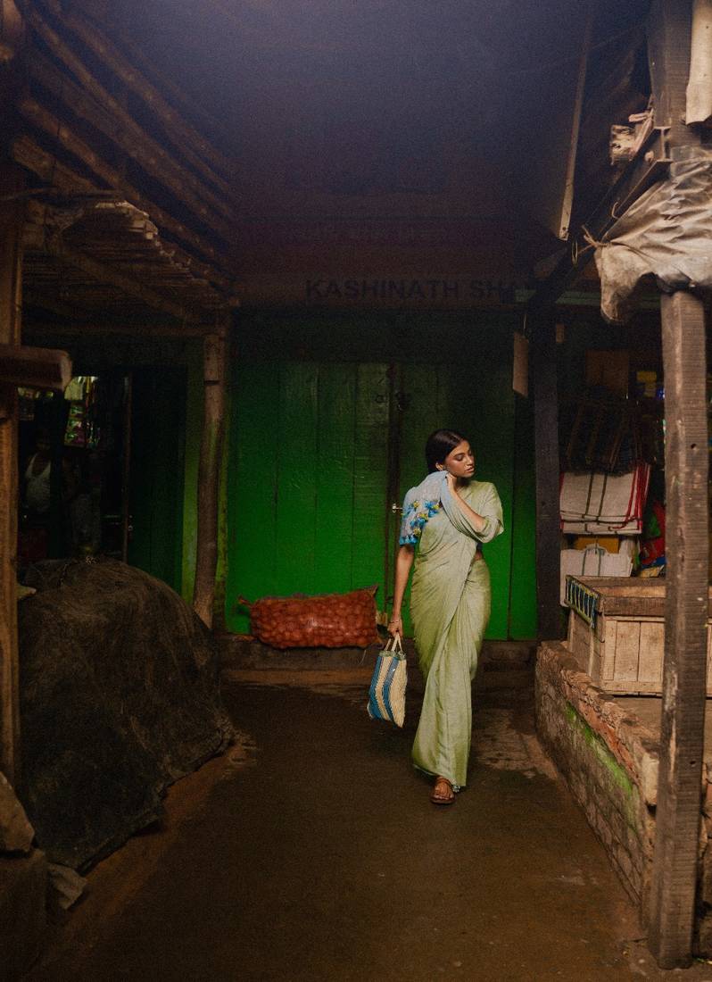 Pastel Green and Blue Mul Modal Saree with Running Blouse Piece