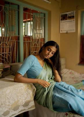 Half and half pastel blue and green mul modal handloom saree with running blouse pc 2