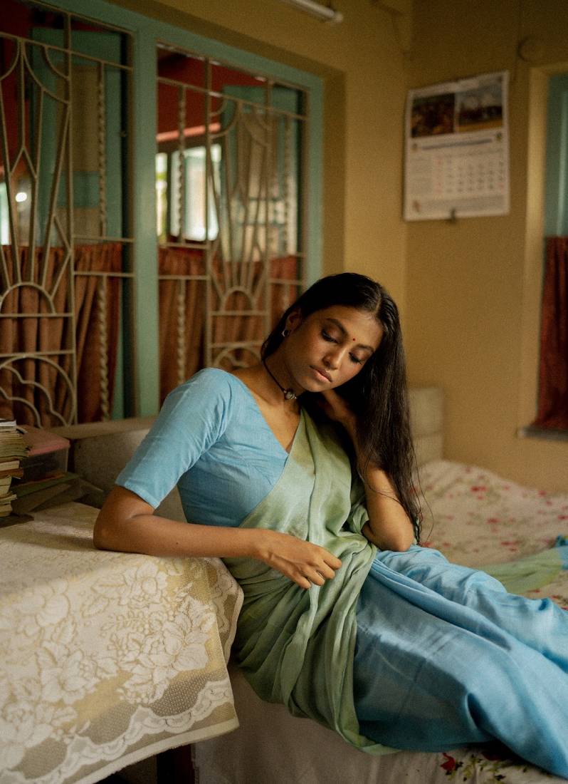 Half and half pastel blue and green mul modal handloom saree with running blouse pc