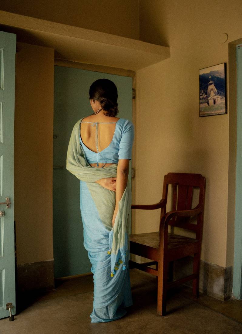 Half and half pastel blue and green mul modal handloom saree with running blouse pc