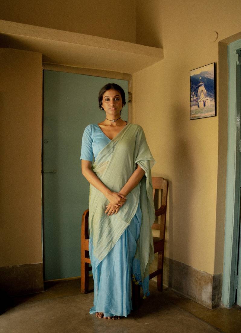 Half and half pastel blue and green mul modal handloom saree with running blouse pc