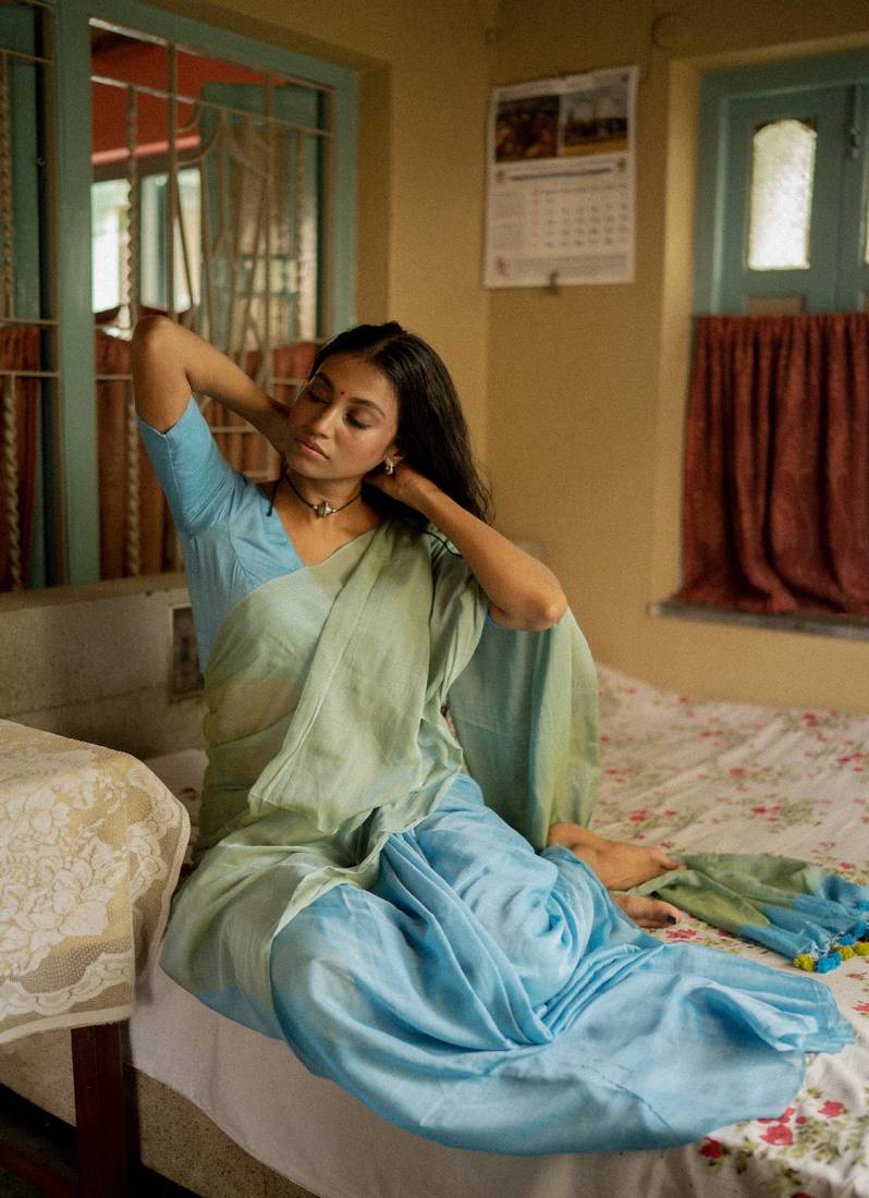 Half and half pastel blue and green mul modal handloom saree with running blouse pc