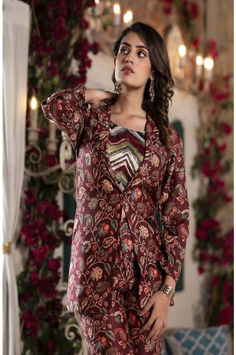 Partywear Designer Maroon Jam satin co-ord set